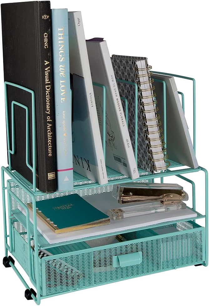 BLU MONACO Mint Green Desk Organizer With File Sorters and Drawer | Metal Mesh Desktop Storage for Office Supplies, Papers, Devices and Folders | 9.3”D x 12.5”W x 14”H All-In-One Workspace Holder by Blu_Monaco