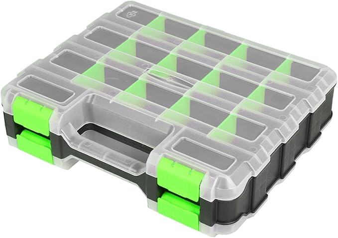 Jack Boss Tool Box with Transparent Lid, Double Side 34-Compartments Organizer Box with Removable Dividers for Hardware, Screws, Bolts, Nails, Beads, Jewelry and Fishing Accessories, Green, 1 Pack by JACKBOSS