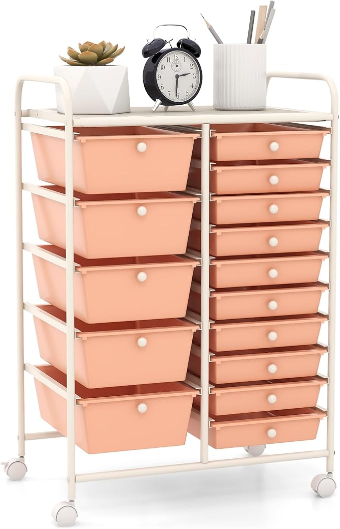 GOFLAME 15-Drawer Rolling Storage Cart, Craft Storage Cart with Removable Drawers & Lockable Wheels, Art Cart Supply Storage Organizer for Home Office Classroom, Peach Fuzz by GOFLAME