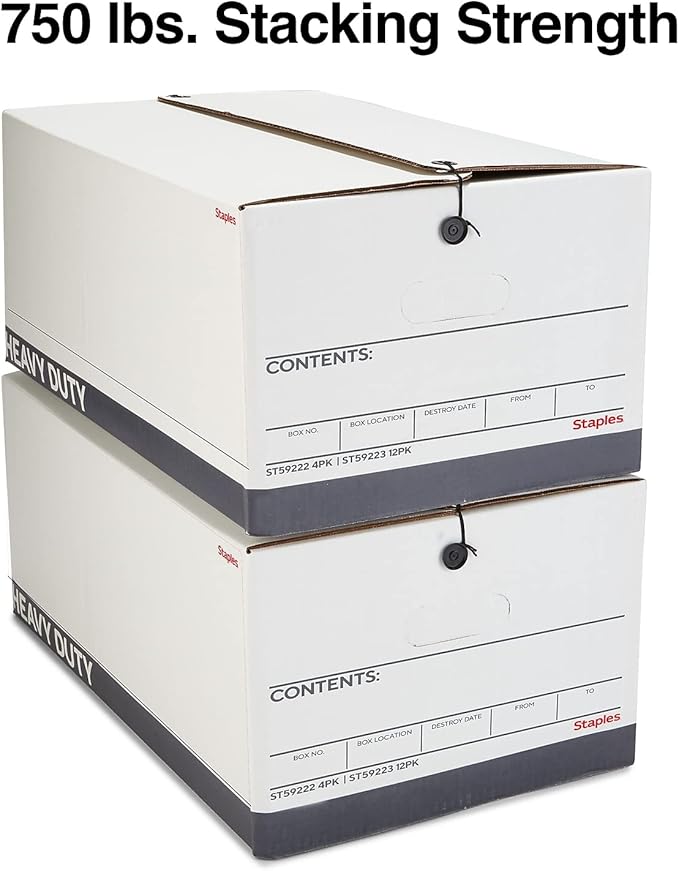 STAPLES Storage & Filing Box, Heavy-Duty with Handles & String-Button Lid, Letter Size Documents, Stackable, 4-Pack, White/Gray | Heavy-duty boxes with handles and string-button lid for document storage. - Image 4