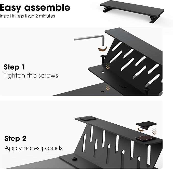 Fenge Monitor Stand Riser, Wooden & Metal Desk Shelf Organizer, Black | 42.5 Inch Dual Monitor Riser for 2 Monitors, Multifunctional Monitor Shelf for Laptop, PC, Printer - Image 4