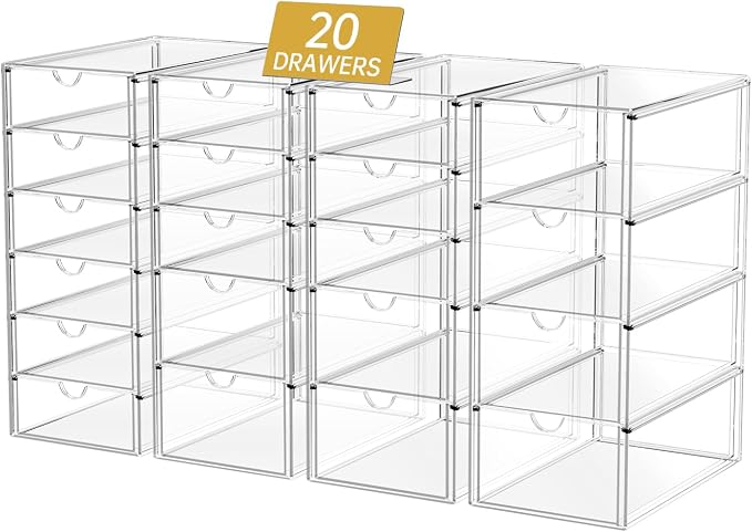 20 Drawers Acrylic Makeup Organizer, stackable Acrylic Storage Drawer | 4 Set Clear Storage Drawers, Acrylic Drawer Organizer for Desktop Office Supplies Make Up Pen Accessories - Image 8