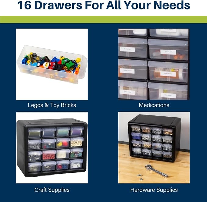 Akro-Mils 16-Drawer Plastic Cabinet for Garage Organization, Beads, Makeup Organizer, Building Bricks Storage, Teacher Toolbox, 10-1/2" W x 6-1/2" D x 8-1/2" H, 10716 Black (Pack of 4) - Image 5