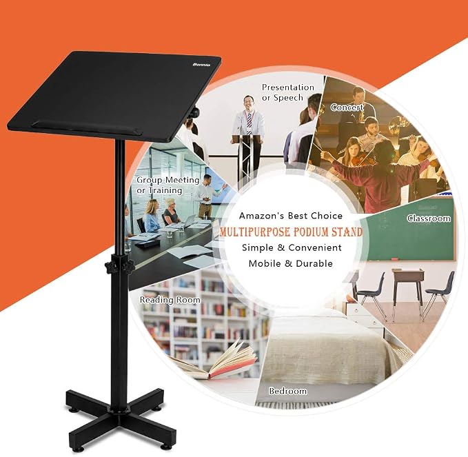 VINGLI Classic Lectern Podium Stand, Height Adjustable Church Classroom Lecture, Portable Presentation Concert Podium, Multi-Function Reading or Laptop Desk with Edge Stopper, Black - Image 7
