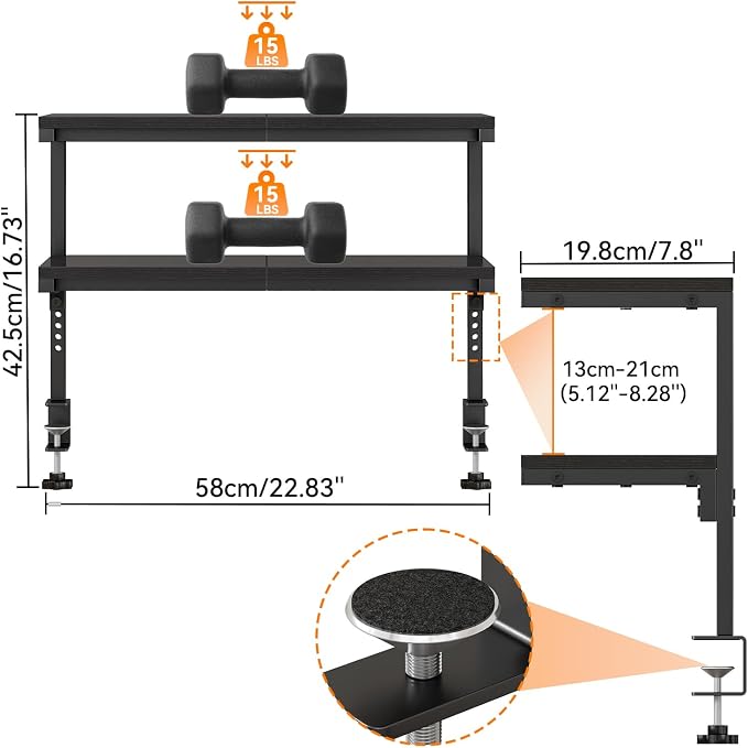IBUYKE Clamp on Desk Shelf, 22.8” Large Desk Extender Shelves TMZ010B | Tool-Free, Flexible Repositioning,Adjustable, 2-Tier Storage Shelves, for Desktop Accessories,Desk - Image 2