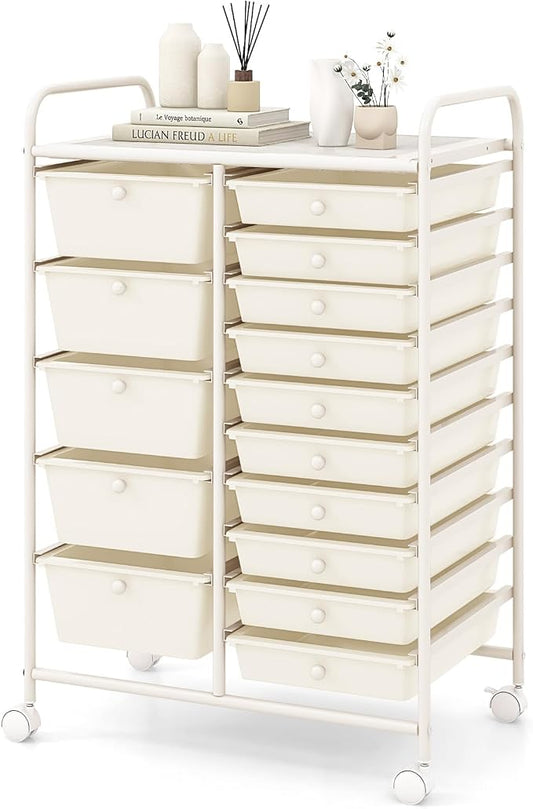 COSTWAY 15 Drawer Rolling Storage Cart, Mobile Storage Organizer | Removable Drawers & Metal Frame, Multipurpose Utility Tools Paper Organizer on Wheels for Home, Office (White) by COSTWAY