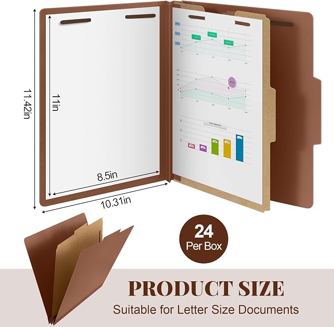 AmazingSpark 24 Pcs Classification Folder Letter Size Bulk 1 Divider Pressboard File Folder with Expansion 2 Prong Fastener Heavy Duty Office File Organizer for School Medical Document(Kraft Paper) - Image 2