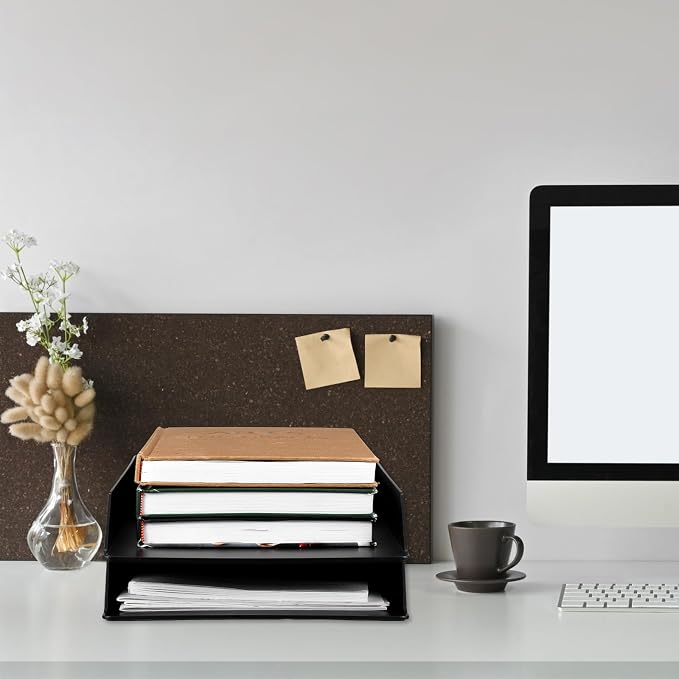 2 Pcs Stackable Paper Trays Rectangular Plastic Desk Holder Desktop Document File Organizer Storage Letter for Office Classroom (Black) - Image 6