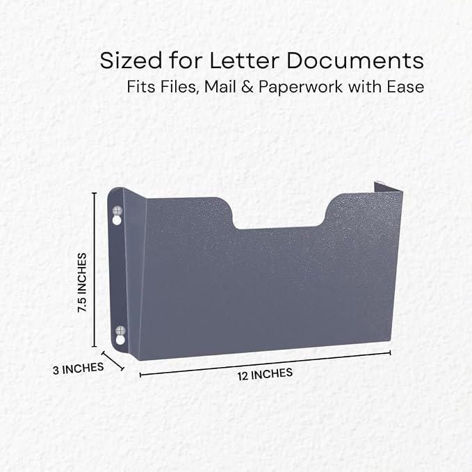 Single Pocket Wall File Organizer, Metal Letter Size Office Wall Organizer | Wide 12x3x7.5in Open Access, Space-saving Slim Profile with Pre-drilled Mounting Holes, Matte Gray-blue Textured Finish - Image 3