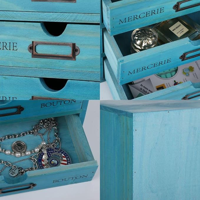 Small Wooden Drawers Wooden Box with Drawer, Blue 5 Wood Drawer | Countertop Storage Box for Apothecary Cabinet, Apothecary Drawers，Desktop Organizer for Office，Home - Image 6