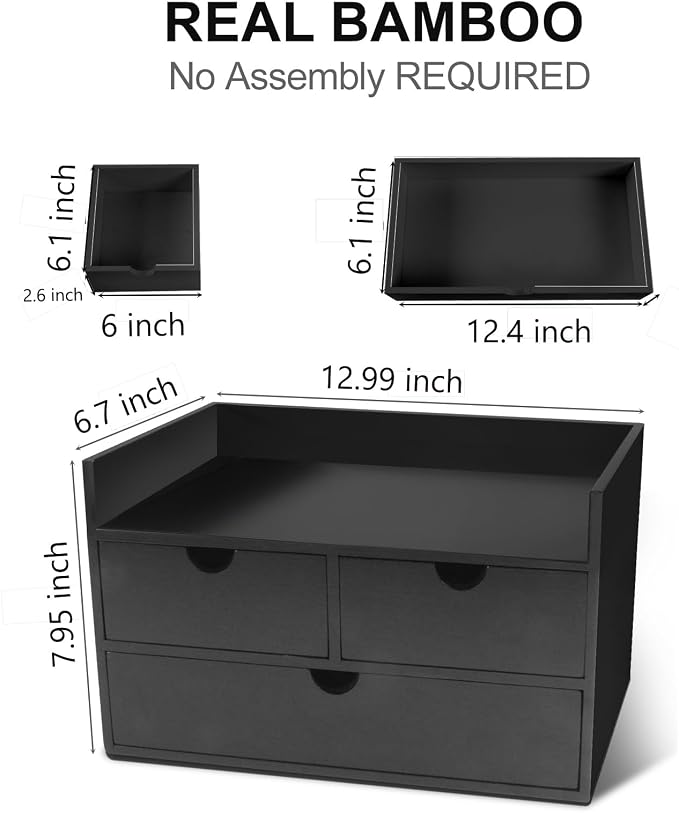 Charmewooden Desk Organizer with Drawers Countertop Drawers Organizer Tabletop Storage Organization Box Home Office Workspace Bathroom Toiletries Supplies (black with shelf) - Image 2