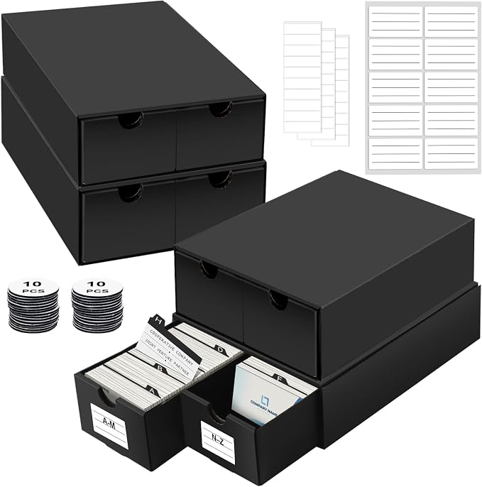 Business Card Storage Box 4 Pack, Stackable Business Card Organizer with 8 Pull-Out Drawers and Labels, Holds Up to 4000 Cards, Black Corrugated Desktop Filing Boxes by QLOUNI