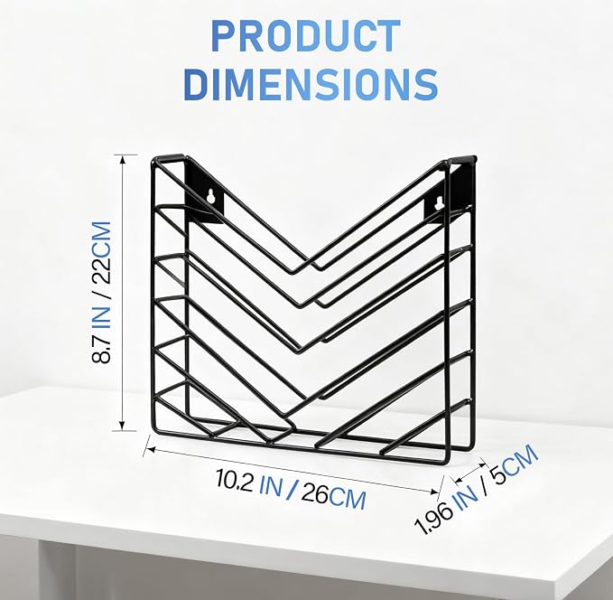 CROISSANT Black Wall Mounted File Organizer,Metal Magazine Basket, Concave Wall Mounted Magazine Rack, Suitable for Hanging File Folders for Office Living Room (Black, 2 Pack) - Image 2