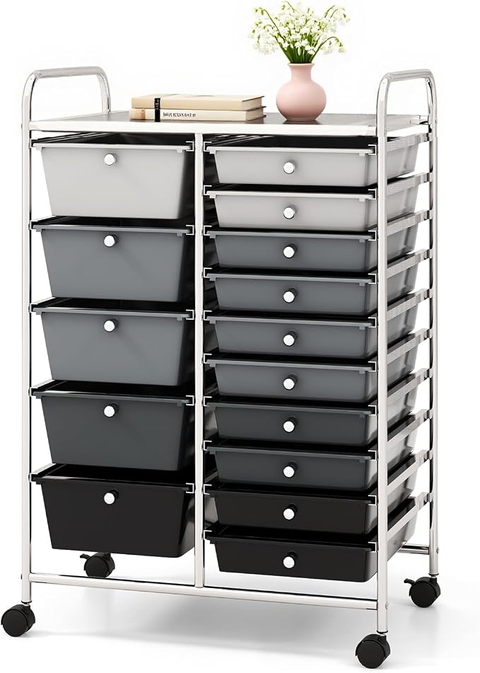 DORTALA 15-Drawer Rolling Storage Cart with Drawers, Rolling Utility Cart w/Removable Drawers & Universal Wheels, Tools Scrapbook Paper Organizer for School, Office, Home, Classroom (Gradient Black) by DORTALA