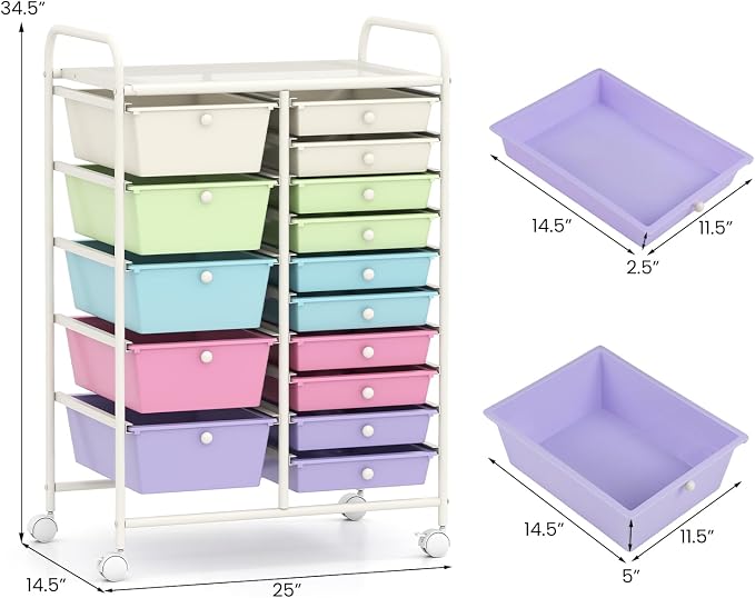 COSTWAY 15 Drawer Rolling Storage Cart, Mobile Utility Cart with Lockable Wheels, Drawers, Multipurpose Organizer Cart for Home, Office, School, Ice Cream Multicolor - Image 2