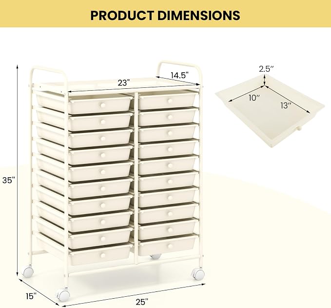Giantex 20 Drawers Rolling Cart, Mobile Storage Drawer Cart, Classroom Organizer for Office School Supplies Tools Scrapbook Paper Craft Small Printer, Utility Stand on Wheels, Ivory White - Image 3