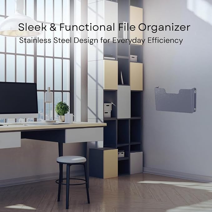 Single Pocket Wall File Organizer, Metal Letter Size Office Wall Organizer | Wide 12x3x7.5in Open Access, Space-saving Slim Profile with Pre-drilled Mounting Holes, Matte Gray-blue Textured Finish - Image 2