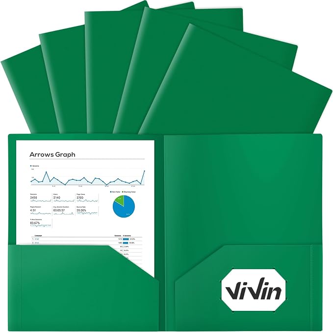 ViVin 12-Pack Green Plastic Folders with Pockets, Fits 8.5 x 11 Inch Letter Size Papers, Poly Folders with 2 Pocket, for Kids, Students, Teacher by ViVin
