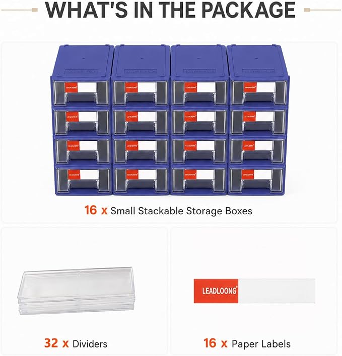 16pc Stackable Plastic Storage Drawers Mini Desk Organizer Blue | Versatile mini desktop storage box 5.5x3.4x1.6", perfect for garage, home, school and office craft organization. - Image 6