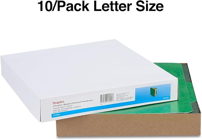 Staples Moisture‑Resistant Classification Folder, Letter Size, 2 Partitions, Green Pressboard, Durable Construction, 10/Pack - Image 3