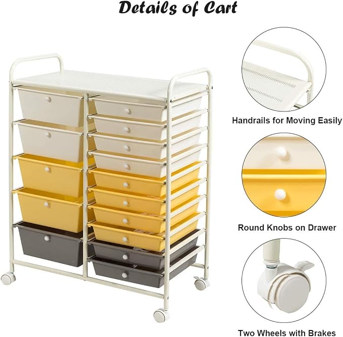 Moccha 15-Drawer Rolling Storage Cart - Under Desk Storage Drawers with wheels for Craft Art Supply Paper Salon, Scrapbook Paper Tools, Mobile Utility Cart for Classroom (15 Drawers, Yellow) - Image 6