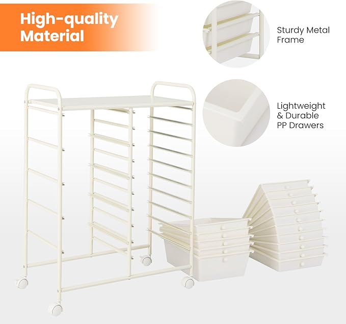 Moccha 15-Drawer Rolling Storage Cart - Under Desk Storage Drawers with wheels for Craft Art Supply Paper Salon, Scrapbook Paper Tools, Mobile Utility Cart for Classroom (15 Drawers, White) - Image 8