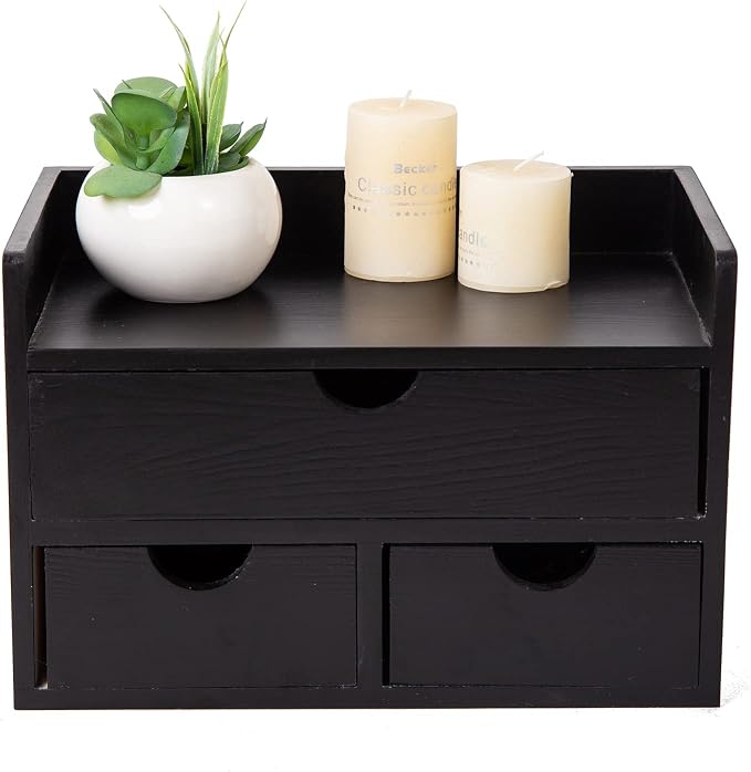 Rustic Distressed white 3-Tier Wood Desk Organizer with 3 Drawers Mini Storage Shelf For Desk, Toiletries Vanity Office Supplies (Black) by VERGOODR