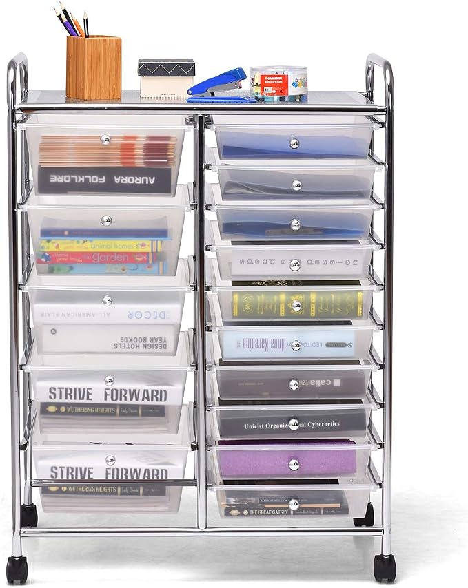 Moccha 15-Drawer Rolling Storage Cart - Under Desk Storage Drawers with wheels for Craft Art Supply Paper Salon, Scrapbook Paper Tools, Mobile Utility Cart for Classroom (15 Drawers, Clear) by LDAILY