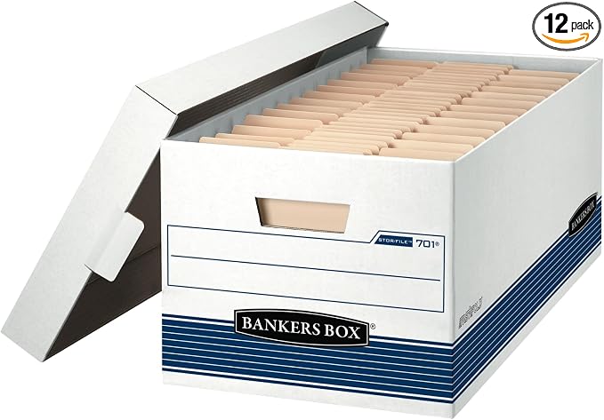 Bankers Box 12-Pack Medium-Duty File Storage Boxes, 24in Letter, FastFold | Speed through filing with FastFold setup, sturdy stacking, reinforced handles, and dependable document protection. by BankersBox
