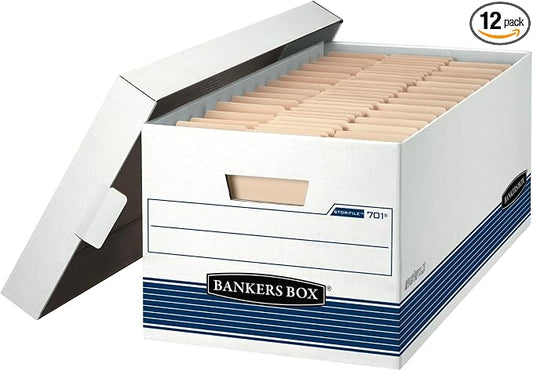 Bankers Box 12-Pack Medium-Duty File Storage Boxes, 24in Letter, FastFold | Speed through filing with FastFold setup, sturdy stacking, reinforced handles, and dependable document protection. by BankersBox