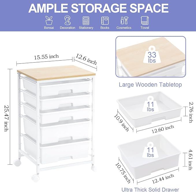 SYKIARIOL Rolling Cart with Drawers, 5 Drawers Utility Cart, Bright White | 5-Tiers Storage Cart with Drawers with Wooden Top for Craft Organizers and Storage,Home Office,Classroom,Dorm - Image 3