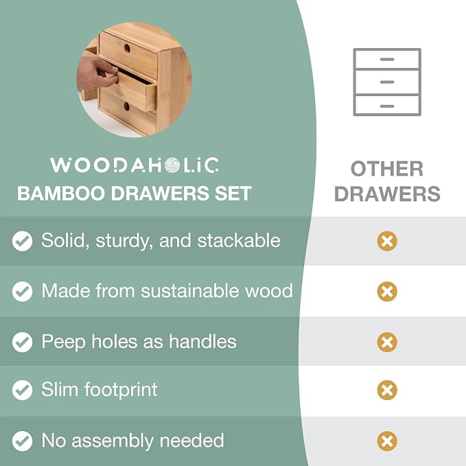 Modular Stackable Set of 3 Bamboo Organizer Desktop Drawers - 1, 2, 3 = 6 Drawers Total Storage Organizer for Desk Accessories, Office Supplies, Makeup Storage - Tabletop Wood Box Stackable Drawers - Image 5