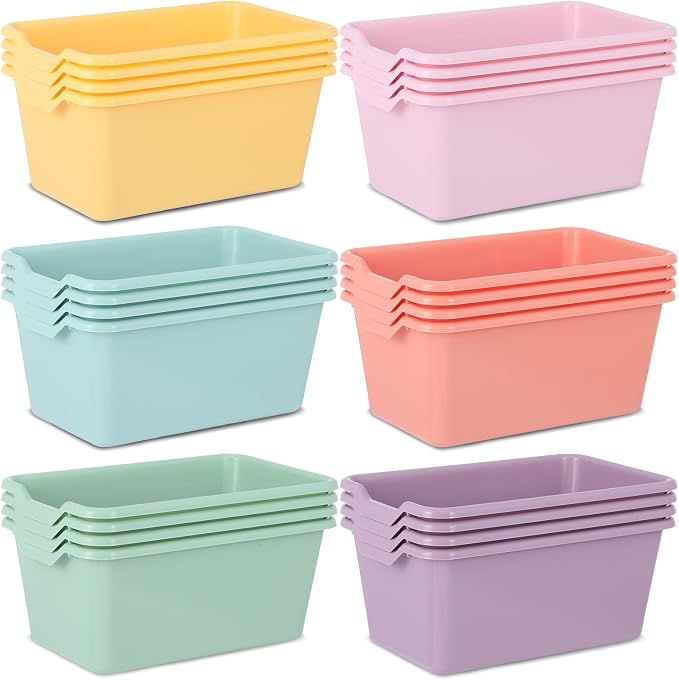 gisgfim 24 Pack Plastic Cubby Bins Classroom Book Bins Scoop Front Stackable Easy-to-Grip Toy Storage Tubs Containers for School Library Office Home Nursery Playroom Organization (Pastel Color) by gisgfim