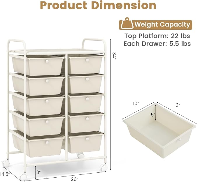 Moccha Rolling Cart with 10 Drawers - Storage Drawers Organizer with wheels for Craft Art Supply Paper Salon, Multipurpose Movable Utility Cart for Teacher Classroom, White - Image 3