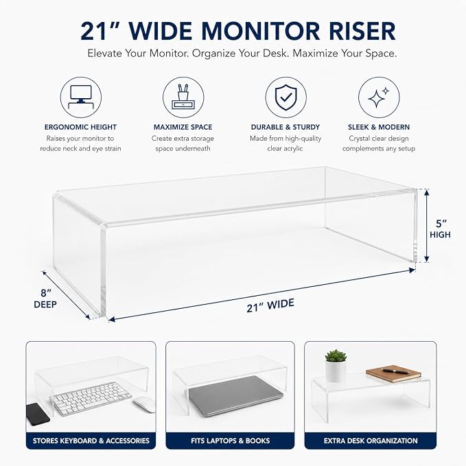 Azar 515360 Acrylic Monitor Stand Riser – Made in USA Laptop stand and Monitor Riser Acrylic Monitor Stand Riser Clear Laptop Stand for Desk Ergonomic Display Riser, Clear (21-Inch-Luxury Handcrafted) - Image 5