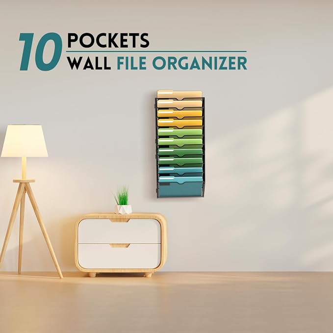 10 Tier Wall File Organizer, Hanging Wall Mounted Mail Organizer with Label Slots, Metal Mesh File Holder Magazine Rack for Office, Home, School or Classroom, Black - Image 7