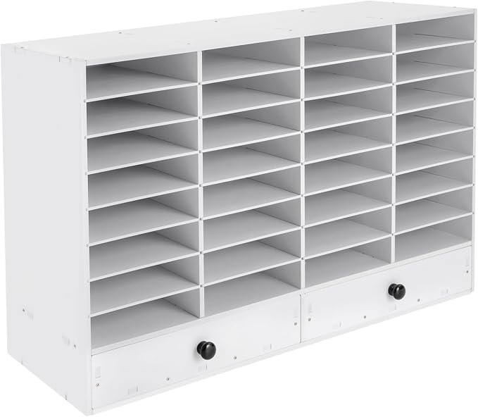 Mail Sorter Organizer, White Student Mailbox for Classroom, Desktop File Sorter, Literature Organizer, Paper Organizer for Home School Office (White 32 Compartment with 2 Drawers) - Image 7