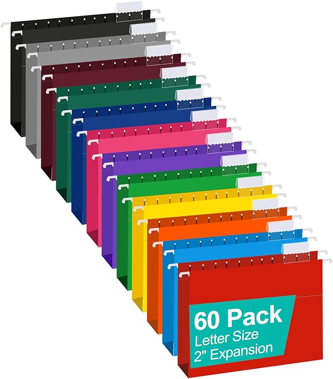 HERKKA Extra Capacity Hanging File Folders, 60 Pack Reinforced Letter Size Hanging Folders with Heavy Duty 2 Inch Expansion, Designed for Bulky Files, Medical Charts, 12 Assorted Colors by HERKKA