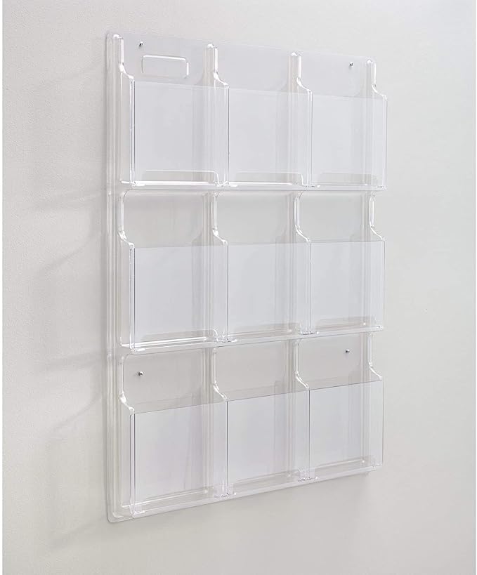 Safco Reveal Literature Rack, 9 Compartments Magazine Holder, Wall-Mounted Brochure Organizer, Acrylic, Clear - Image 2