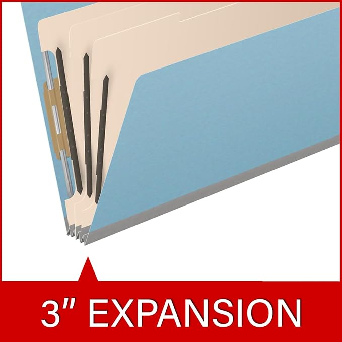 Ecom Folders End Tab Pressboard Classification Folders | Legal Size 25 Pt Type III Stock with 3 Dividers & 3" Tyvek Expansion | 2 Fasteners Pos 1 & 3 for Medical & Office Docs | Blue, Box of 10 - Image 7