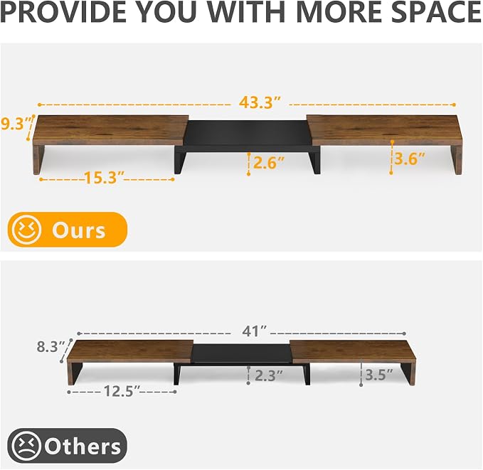 TAVR Dual Monitor Stand Riser, Wooden Computer Monitor Stand for 2 Monitors | Extra Long Multifunctional Desktop Organizer Riser for TV, PC Monitor, Laptop, Printer, Max 43.3" Length, Rustic Brown - Image 8