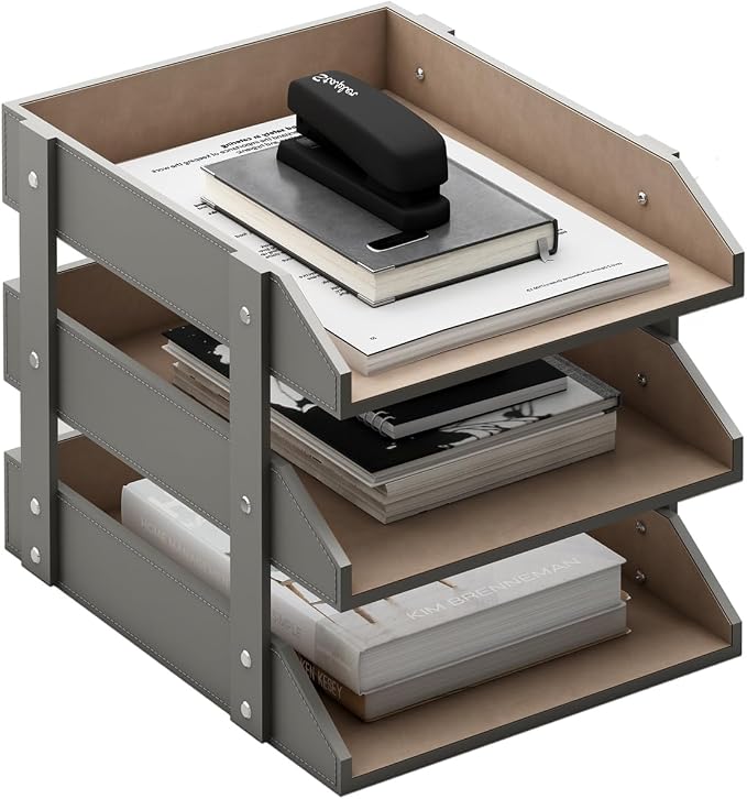 Leather Desk Organizer, Thipoten 3-Tier Stackable Letter Tray Holder for Office Supplies, Paper, File, Magazine, Perfect Office Organization for Desktop (Grey-3Tiers) by THIPOTEN