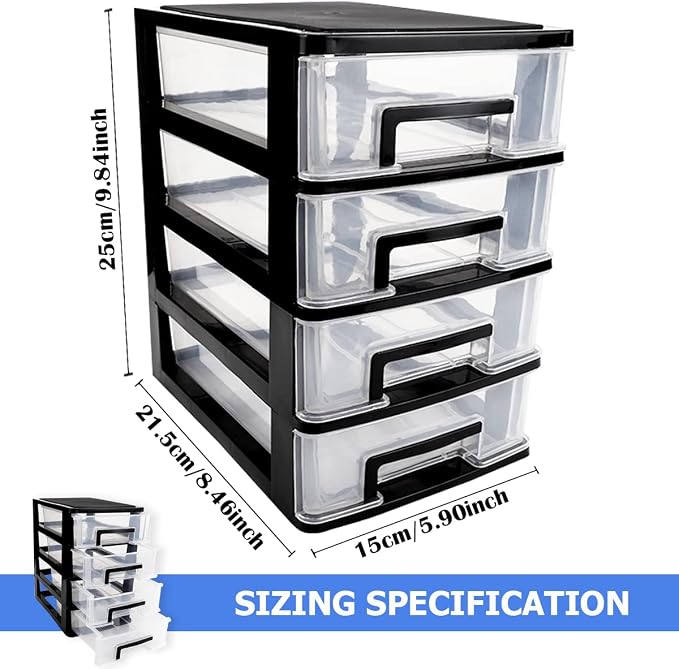 4 Tier Plastic Drawer Organizer Storage Box for Desk, Cosmetics, Jewelry, Office Supplies, Home Organization (8.46" x 5.9" x 9.84") - Image 2