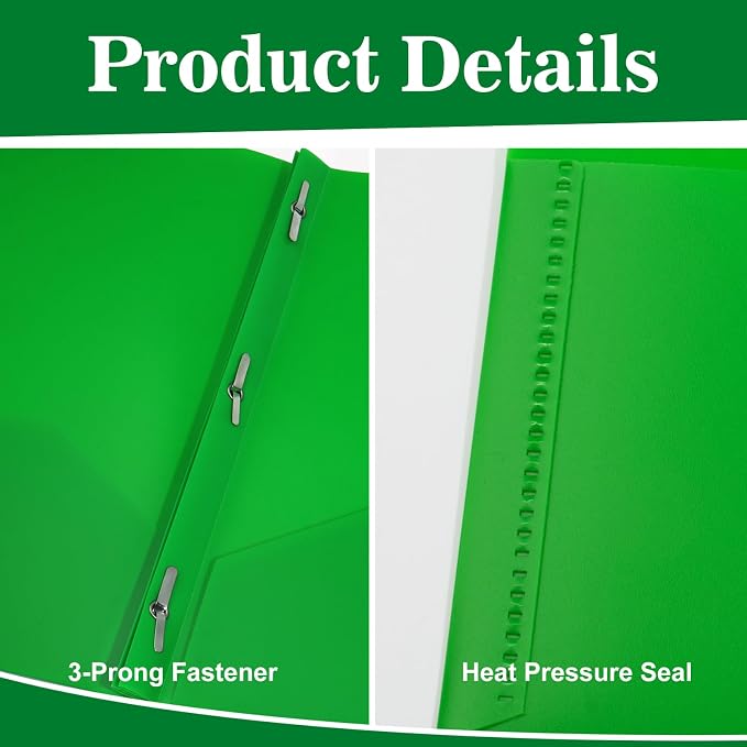 60-Pack Plastic Folders with Pockets and Prongs,2-Pocket Poly Folders with 3 Fasteners Holds 8-1/2" x 11" Paper for School/Office/Home, Green - Image 2