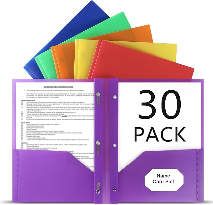 Plastic Folders with Pockets and Prongs, 30 Pack, Letter Size, Assorted | Heavy-Duty 3 Prong with 2 Pockets for classrooms, offices, home workspaces, students, teachers, and college organization by Viehatta