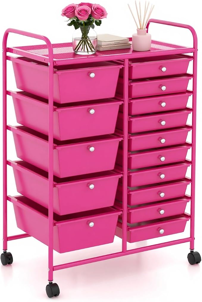 DORTALA 15-Drawer Rolling Storage Cart with Drawers, Rolling Utility Cart w/Removable Drawers & Universal Wheels, Tools Scrapbook Paper Organizer for School, Office, Home, Classroom (Hot Pink) by DORTALA