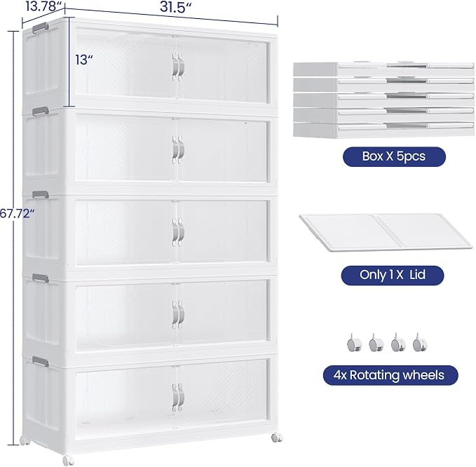 800QT Extra Large Stackable Storage Bins with Lid, 200Gal Plastic Closet Organizers and Storage Drawer, Collapsible Cabinet Box with Wheels Clear Doors for Home Kitchen Garage, 5Pack White - Image 2