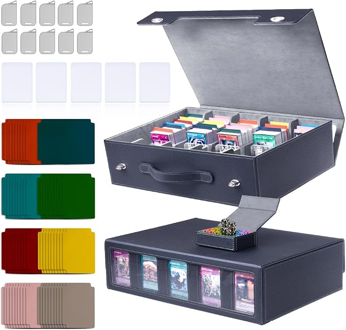 5-Row 3900+ Trading Card Storage Box for MTG, Card Deck Box with Snap-fit Design, 5 Card Sleeves, 10 Stoppers, 80 Dividers and 1 Dice Tray (Black-Grey) by Sesmez