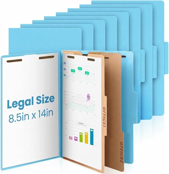 AmazingSpark 12 Pcs Legal Size Classification Folders Bulk 2 Dividers Pressboard File Folder with Expansion 2 Prongs Fastener Heavy Duty Office File Organizer for School Hospitals Home (Light Blue) by Unknown