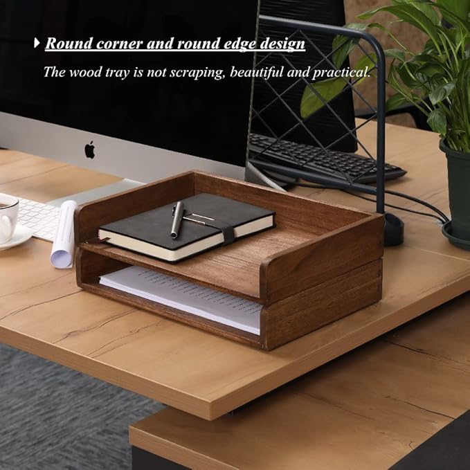 DDYURI Desktop File Trays Stackable Paper Tray for Letter/A4 Size Magazine - Wood Office Document Organizer Shelf - Wooden Folder Organization Rack Desk Tray Pack of 2 Dark(2CTP-DK) - Image 3